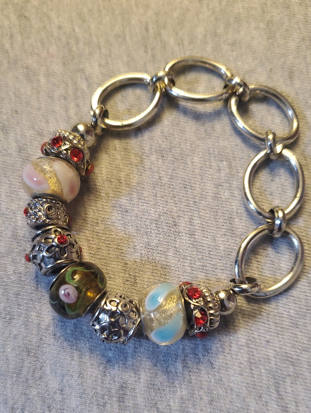 Pandora Style Silver Charm Bracelet Murano Glass Red Rhinestone